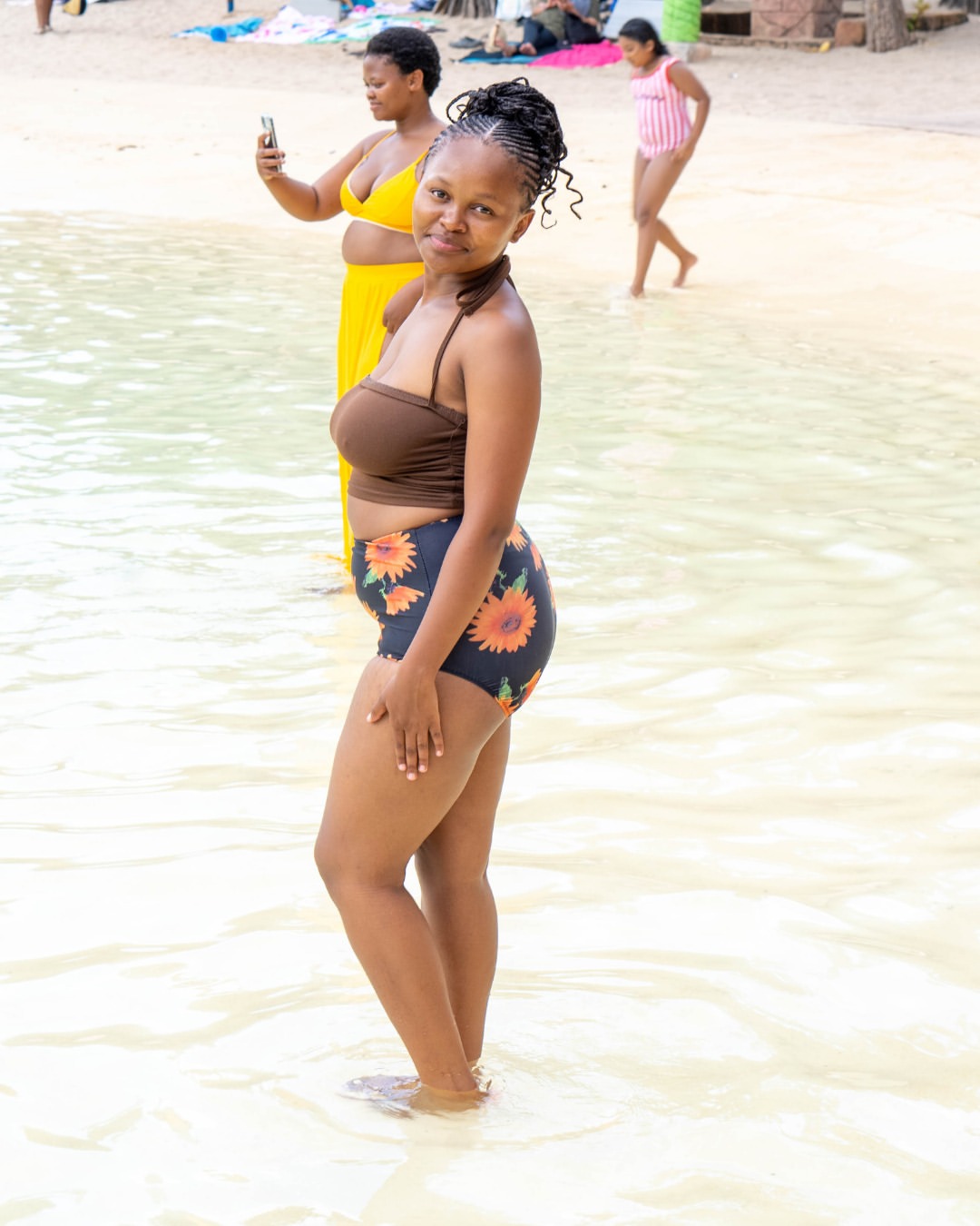 Beach portrait in floral swimwear